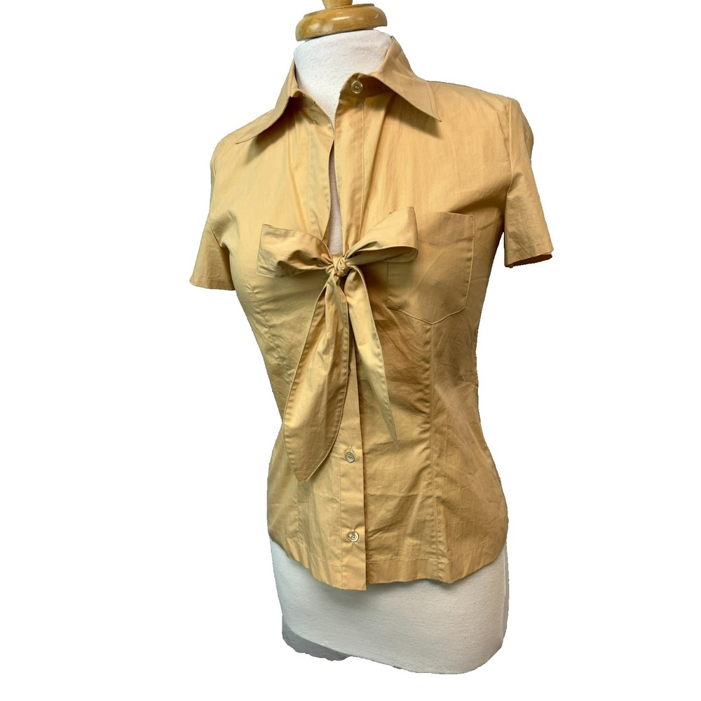 NWT Gold Case Camicia Little Gold Bow Blouse Collared V-Neck Short Sleeves‎ SZ S